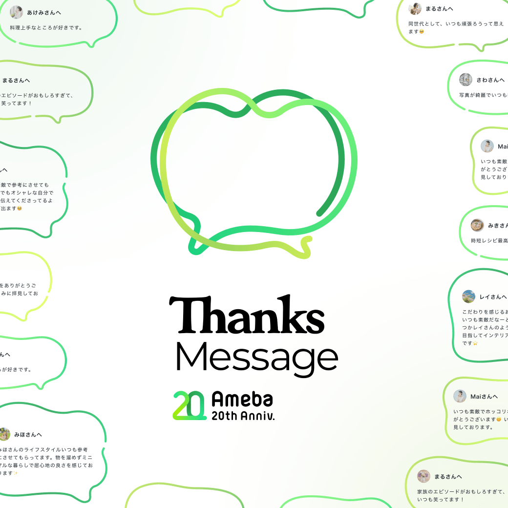 「Thanks Message Ameba 20th Anniv.」特設サイトのイメージ画像。ロゴの周囲に吹き出しが散りばめられブロガーへのメッセージがいくつも表示されている。