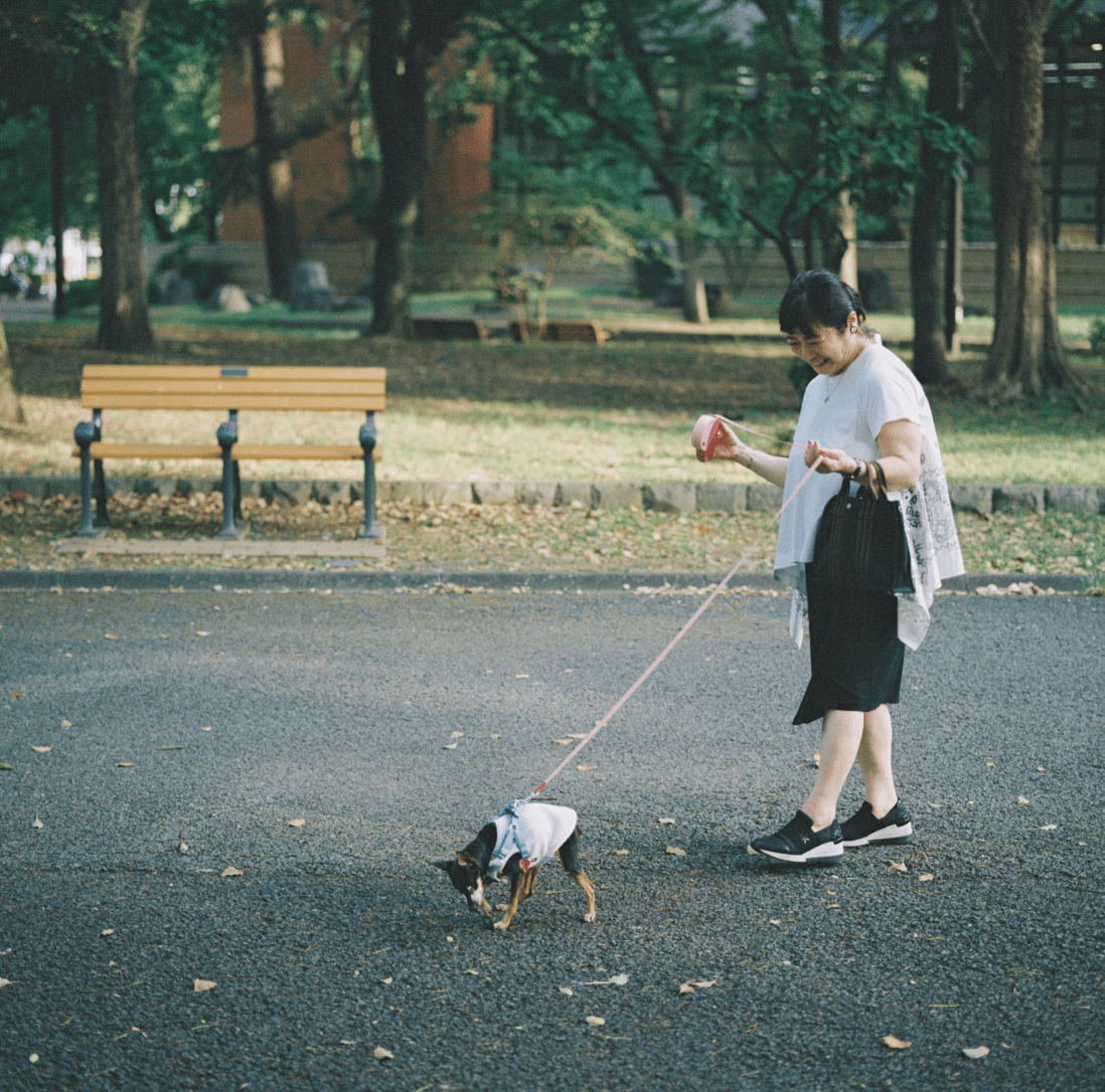 愛犬と散歩をしている女性。