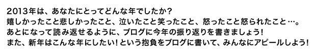 2013年は、あなたにとってどんな年でしたか？嬉しかったこと悲しかったこと、泣いたこと笑ったこと、怒ったこと怒られたこと…。あとになって読み返せるように、ブログに今年の振り返りを書きましょう！また、新年はこんな年にしたい！という抱負をブログに書いて、みんなにアピールしよう！