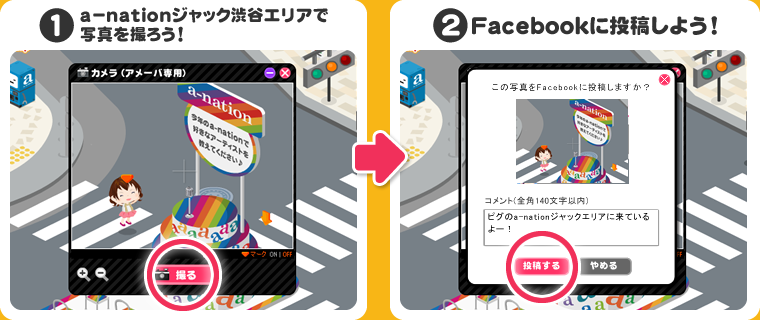 １．a-nationジャック渋谷エリアで写真を撮ろう！ ２．Facebookに投稿しよう！