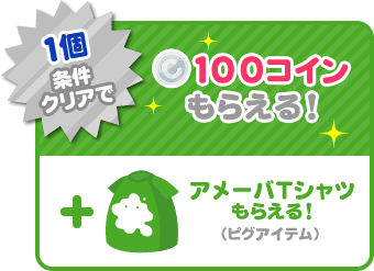 1個条件クリアで100コインもらえる！＋アメーバTシャツ
もらえる！（ピグアイテム）