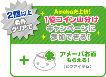 2個条件クリアでAmeba史上初！1億コイン山分けキャンペーンに参加できる！＋アメーバお面もらえる！（ピグアイテム）