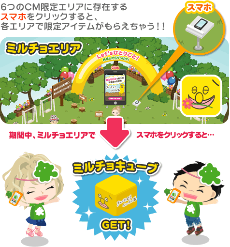 ６つのCM限定エリアに存在するスマホをクリックすると、各エリアで限定アイテムがもらえちゃう!!