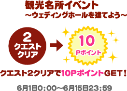 観光名所イベント～ウェディングホールを建てよう～ クエスト2クリアで10PポイントGET!6月1日0:00～6月15日23:59